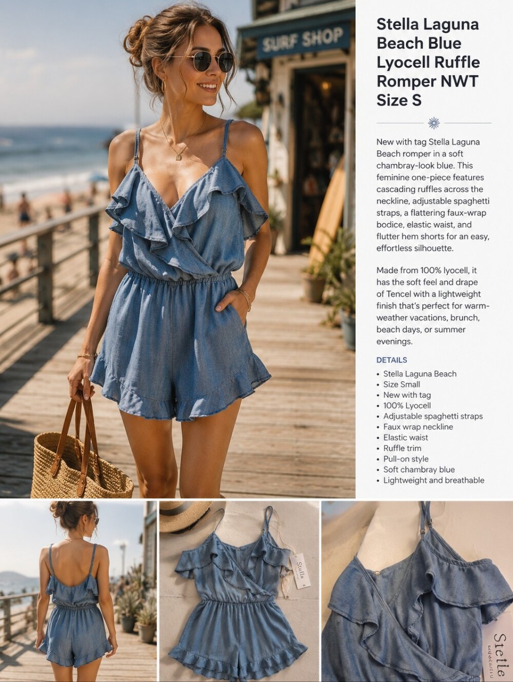 NWT Stella Laguna Beach Blue Lyocell Ruffle Romper Size S Beach Vacation